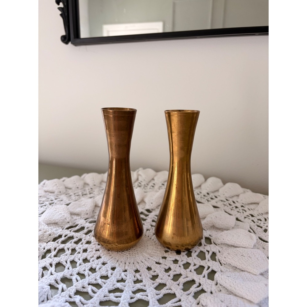 Vintage Solid Brass Bud Vases Pair – Small Brass Flower Vases